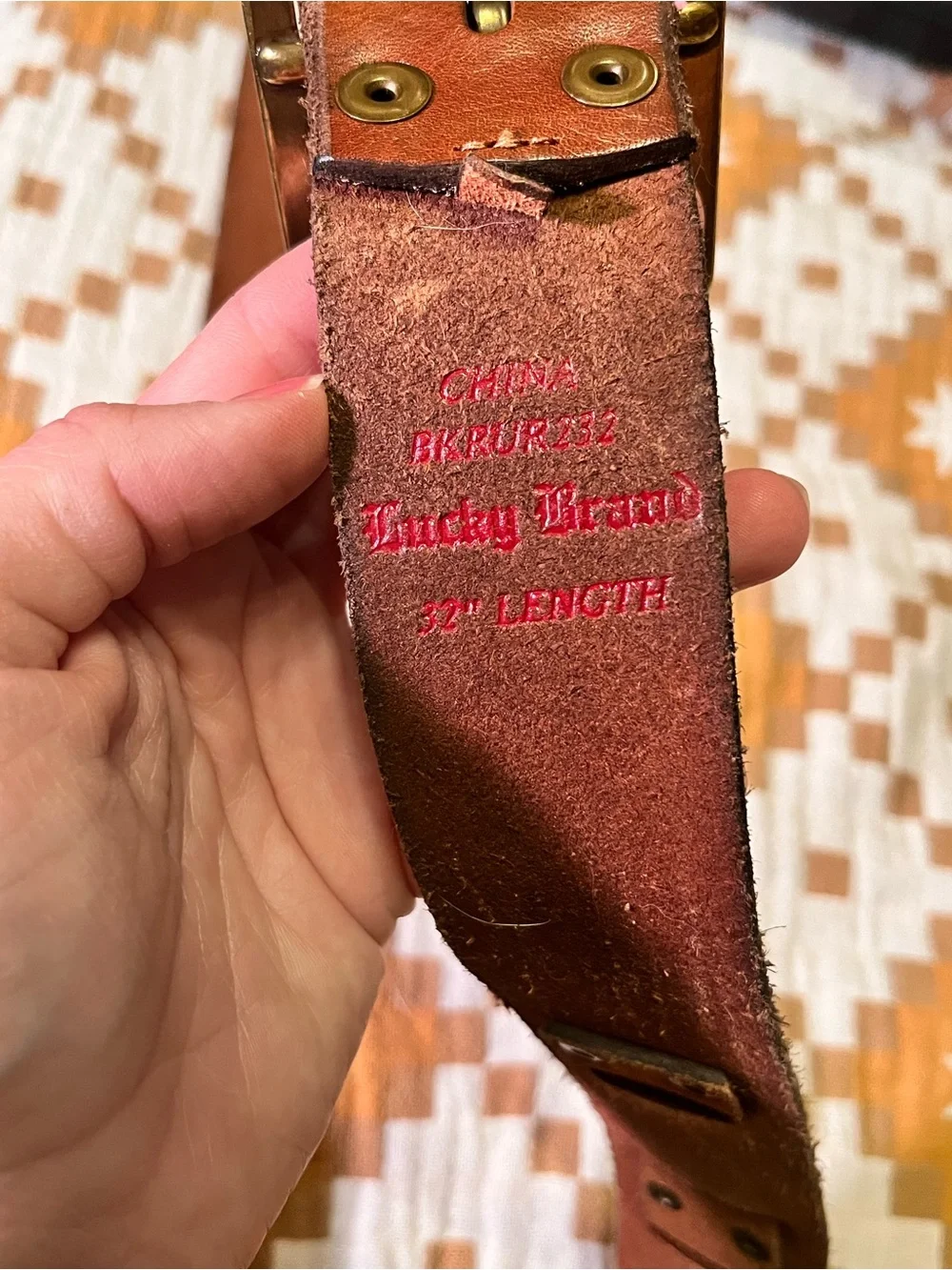 Lucky Brand brown woven leather studded belt men’s size 32 chunky brass buckle